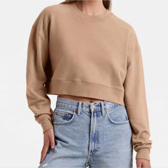 493 NWT Nuuds Cropped Crewneck Sweatshirt Mocha Size Small - Picture 1 of 5